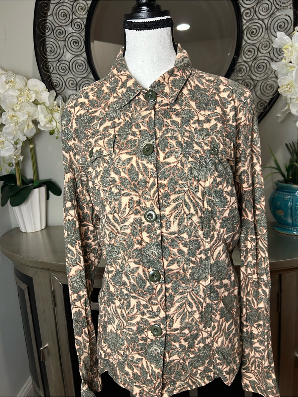 Chadwicks Peach and Olive Botanical Button-Down Shirt